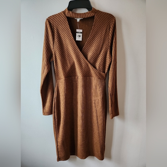 Brown Ribbed Knit Bodycon Midi Dress with Mock V-Neck Size L, BNWT - Picture 1 of 11